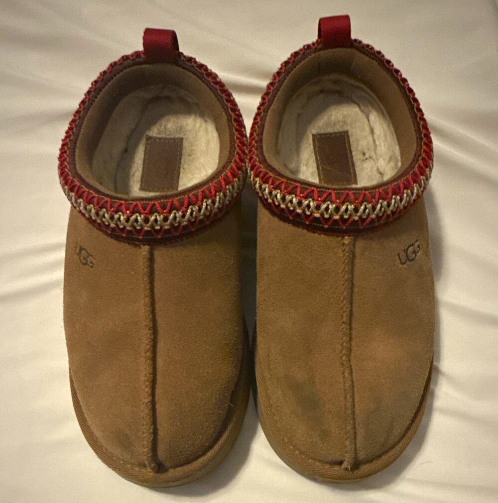 UGG Tasman Kids Brown Suede Slip-On Slippers Red Trim US 2 EU 33.5 UK 1